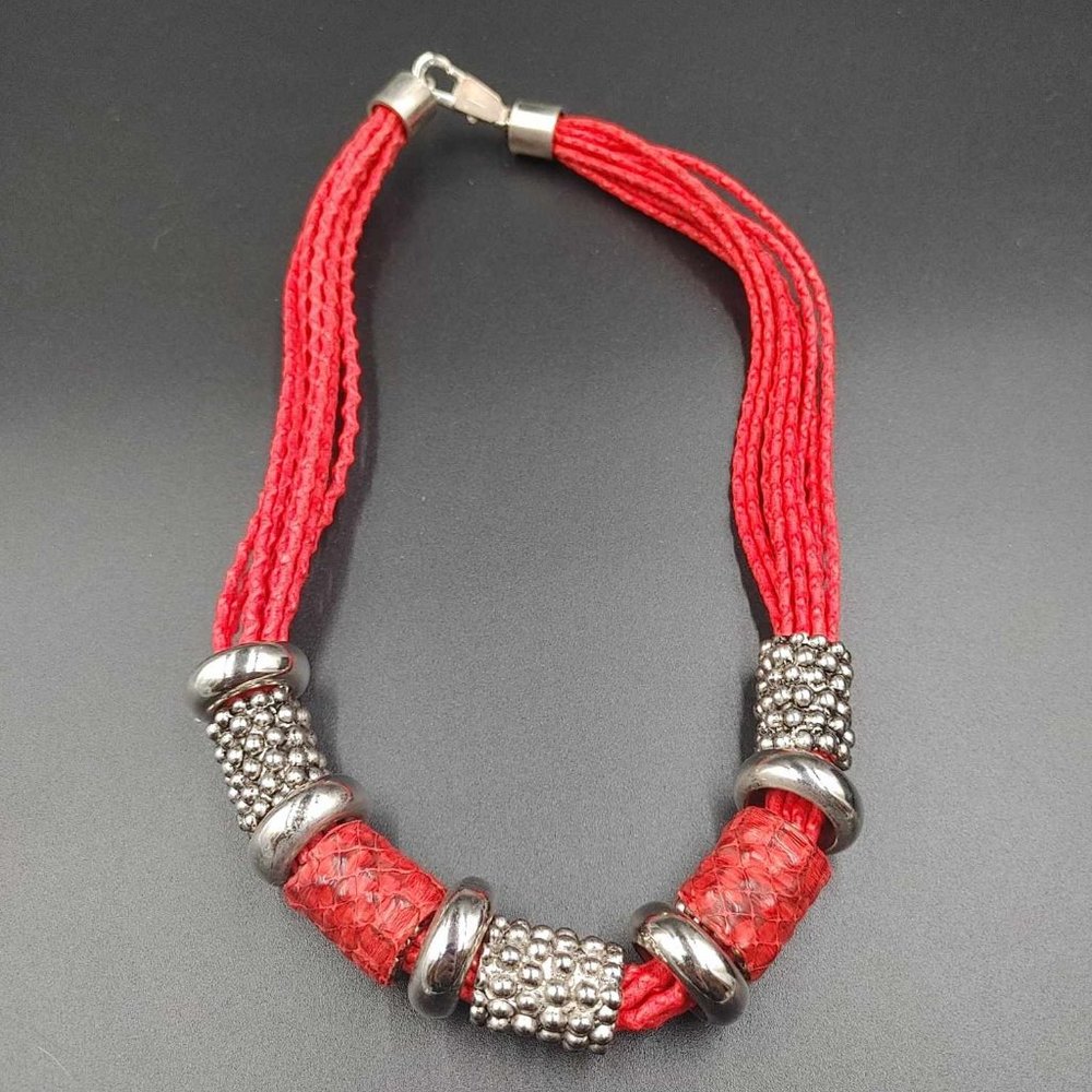 Vintage Wilma Spagli Italy Red Multi Stranded Leather Faux Snake Skin Necklace